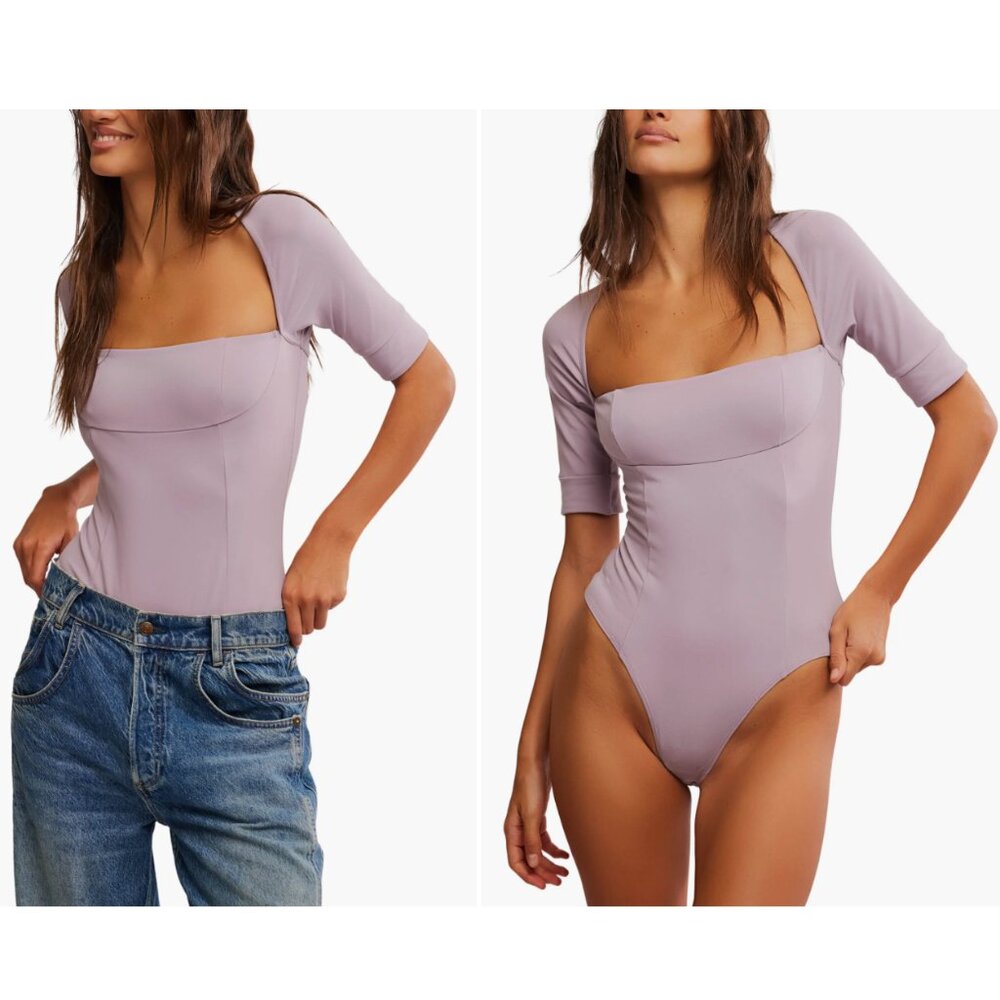 Free People || "Everly" Square Neck Bodysuit || Sea Fog